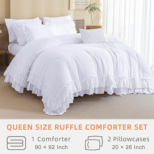 Image of QSH White Ruffled Comforter Set Queen Size Farmhouse Shabby Boho Chic White Bedding Set Queen Size Lightweight Fluffy Microfiber Bed Comforter Set 3 Pieces