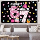 Heyfary I was 6 Now I'm 7 Year Old Birthday Photo Booth Backdrop Funny Girls Pink Coquette Bow Six Seven Party Decoration Background Banner Wall Decor (Coquette, 3.6×5.9ft)