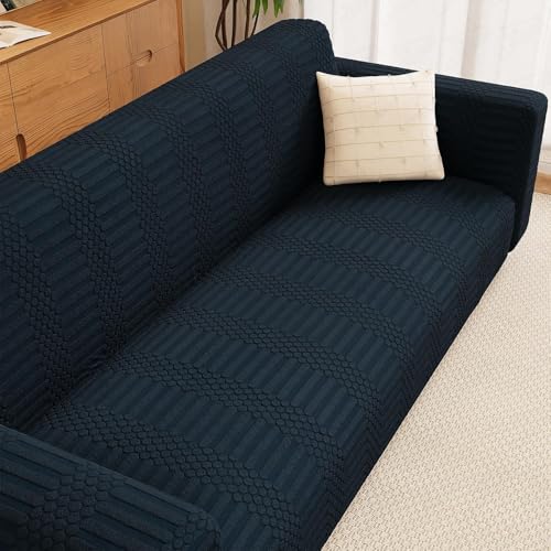 Image of Lukzer 1 Seater Pastel Marine Blue Dotted Stripe Pattern Sofa Cover | 240 GSM Universal Stretch Fit Jacquard Fabric Couch Protector | Fully Covered Anti Slip & Washable Sofa Cover (SC-134-01 /90-140cm)