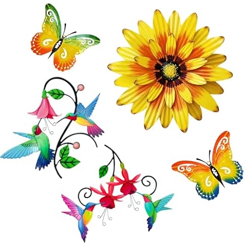 Meduofon 3pc Garden Fence Decor+2pc Metal Hummingbird Flower Decor Cover