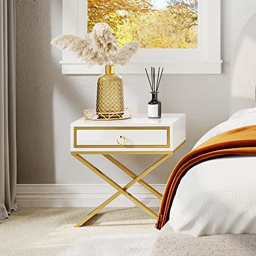 DWVO Modern White Nightstand with Drawer Solid Wood Small Bedside Table Gold Metal Frame Fully Assembled End Table for Living Room Bedroom