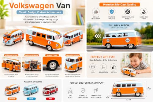 Image of 1:36 Scale Volkswagen T1 Samba Bus Die Cast Model - Gulf Racing Edition, Pull Back Action, Dual Openable Side Doors, Zinc Alloy Metal Body, Vintage Collectible Toy Van for Kids & Adults