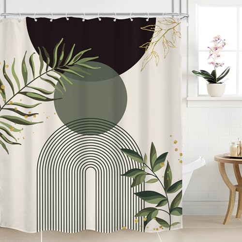 Mitpok Dark Green Boho Shower Curtain 60Wx72H Teal Green Modern Bohemian Mid Century Abstract Gold Leaves Plant Bathroom Decor Minimalist Geometric Neutral Bath Curtain Fabric Polyester 12 Pack Hooks