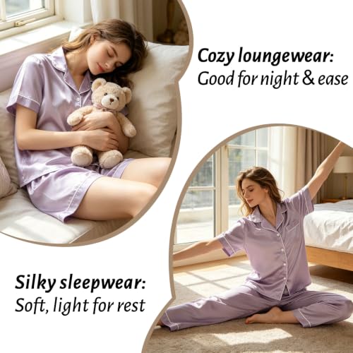 Image of 3 Piece Silk Satin Pajama Set for Women Soft Short Sleeve Button Down Pjs with Shorts Long Pants Sleepwear S-XXXL