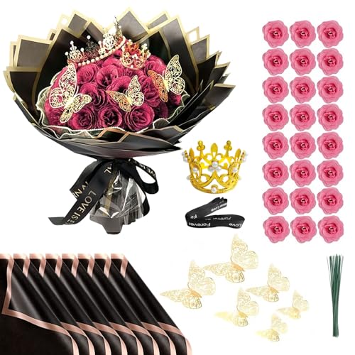 Chingcoo Ramo de rosas con purpurina, 24 piezas DIY Flores artificiales con purpurina rosa claro Ramos de flores con corona para regalos bodas aniversario compromiso cumpleaños