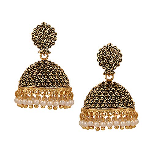 Efulgenz Oxidized Indian Earrings for Women Boho Vintage Antique Faux Pearl Indian Oxidized Jhumki Jhumka Dangle Earrings Jewelry Indian Oxidized Jewelry for Navratri