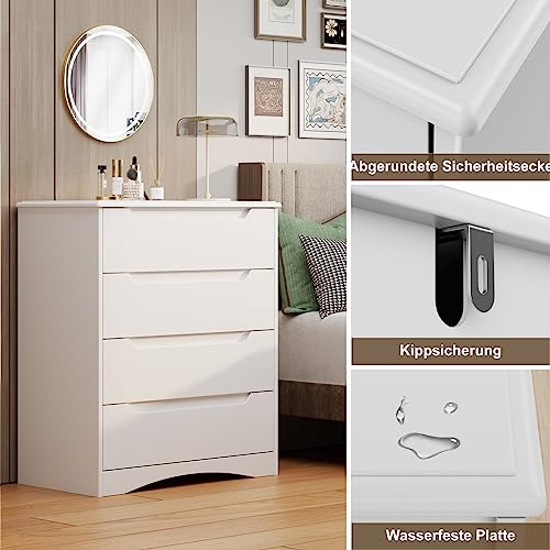 Bealife Kommode Weiß, Schlafzimmer Kommode mit 4 Geräumige Schubladen, Schrank mit Schubladen mit Ausgeschnittenen Griffen und Kippsicherung, Schubladenschrank Ideal für Wohnzimmer, Büro
