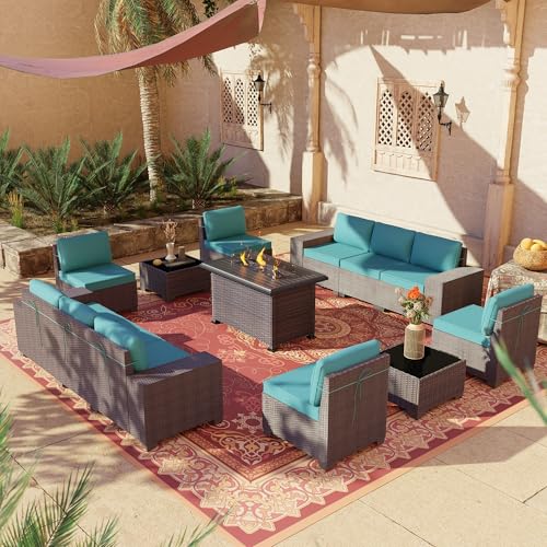 Image of 13 PCS Outdoor Patio Furniture Set,Outdoor Sectional Furniture with 43 inch 55000 BTU Gas Propane Fire Pit Table,All Weather PE Rattan Wicker Patio Conversation Set,Turquoise Blue