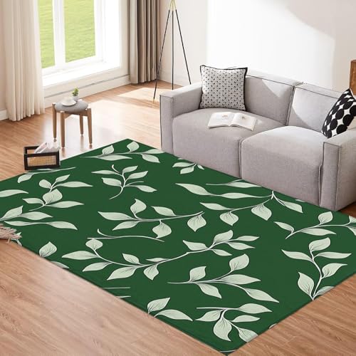 Tapis grand format 150x210 motif feuilles blanches lavable antidérapant