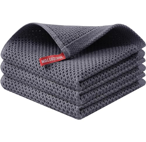 Image of 100% Cotton Kitchen Dish Cloths, 6 Pack Waffle Weave Ultra Soft Absorbent Dish Towels for Drying Dishes Quick Drying Kitchen Towels Dish Rags, 13.4 X 13.4 Inches (Dark Grey, Pack of 3)