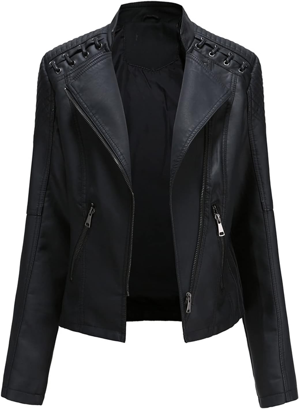 WSLCN Womens Faux Leather Zip Up Motorcycle Biker Jacket Slim Fit Short Coat
