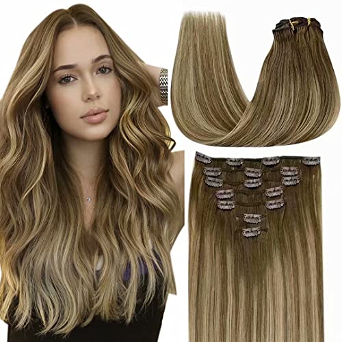 LAAVOO Clip in Human Hair Extensions Balayage Brown 12 Inch 5pcs 70g Light Brown to Golden Blonde Mix Brown Real Human Hair Extensions Clip ins Double Weft for Short Hair