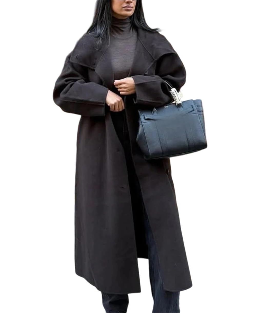 Abrigo largo de lana para mujer, con cinturón, cuello alto, manga larga, para oficina, otoño e invierno