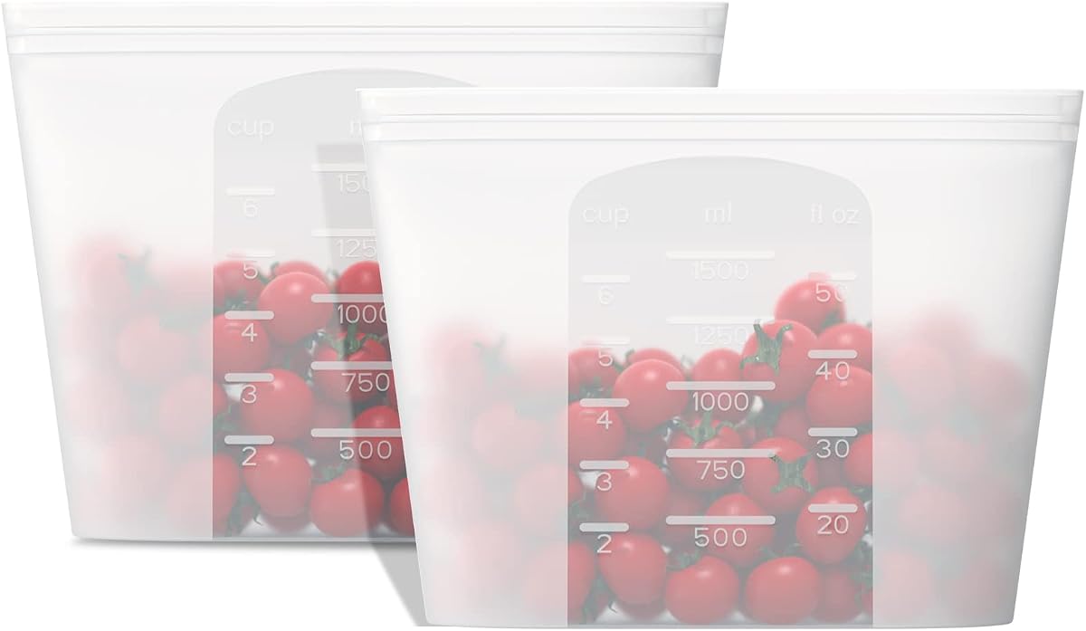 Winrock Bolsa de almacenamiento de alimentos de silicona reutilizable, para microondas, horno, nevera, congelador y recipientes sellados con cremallera Sous Vide (2 tamaños grandes de 51 oz y 1500 ml)