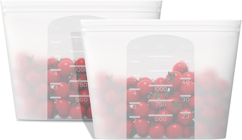 Winrock Bolsa de almacenamiento de alimentos de silicona reutilizable, para microondas, horno, heladera, congelador y recipientes sellados con cremallera Sous Vide (2 tamaños grandes de 51 oz y 1500 ml)