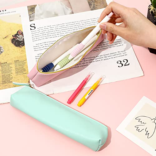Image of KALIONE 2 Pcs PU Leather Small Pencil Pouch, Small Pen Pencil Stationery Pouch Bag Slim Design Zipper Pencil Pouch for Pens, Pencils, Markers(Green&Pink)