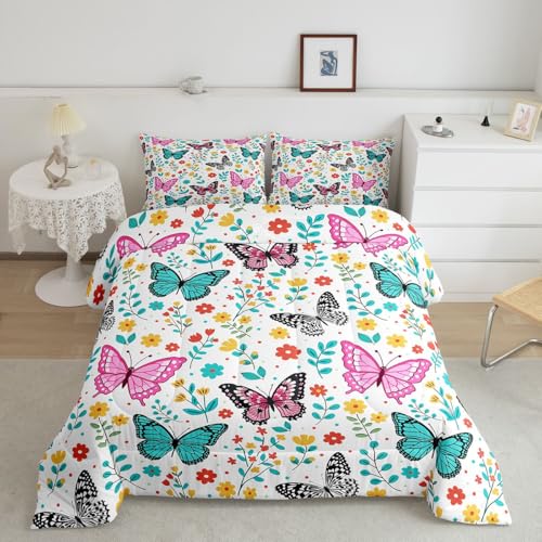 Image of Erosebridal Colorful Butterflies King Size Comforter Set for Kids Teens Adults,Cartoon Floral Bedding Sets,Flying Butterfly Duvet Insert,Garden Flower Quilt Bedroom Decor