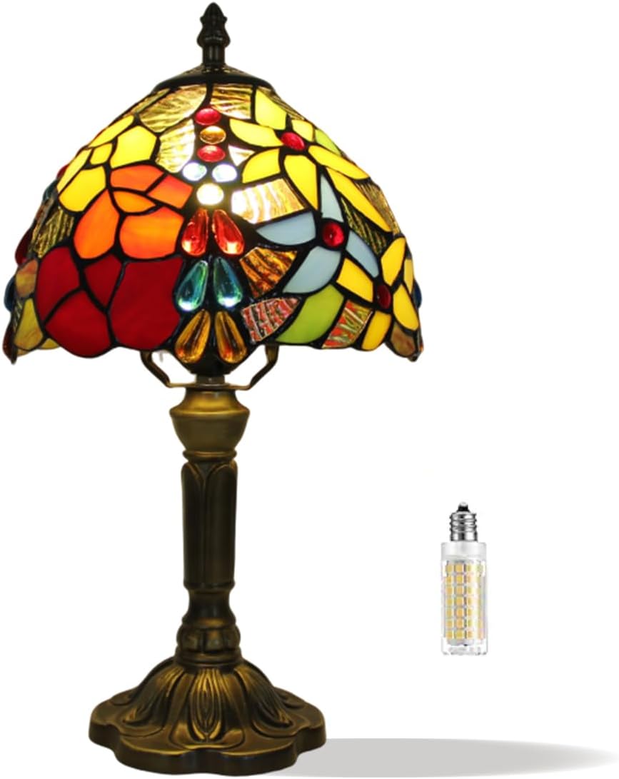 Vintage Tiffany Table Lamp Red Yellow Rose Stone Drop Decor 8" Shade Small Retro 14.6" Tall Bedroom Nightstand Bedside Desk Light Flower Pattern