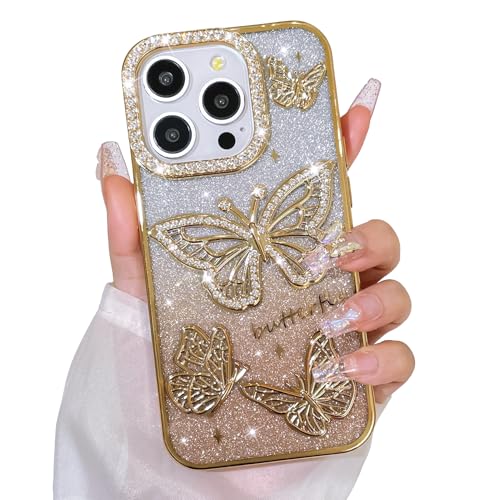 Bonoma Glitter Case for iPhone 14 Pro, Cute 3D Butterfly Pattern Plating Bling Case,Camera Protection Sparkly Slim Soft Back Cover for Women Girls,Gold