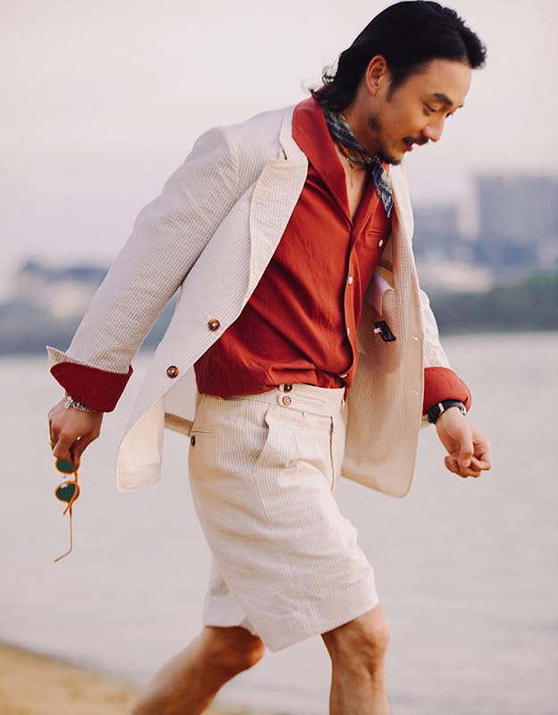 Retro Men's Striped Seersucker Suits Grooms Lightweight Sear Sucker Suit for Wedding Slim Fit Jacket & Shorts3