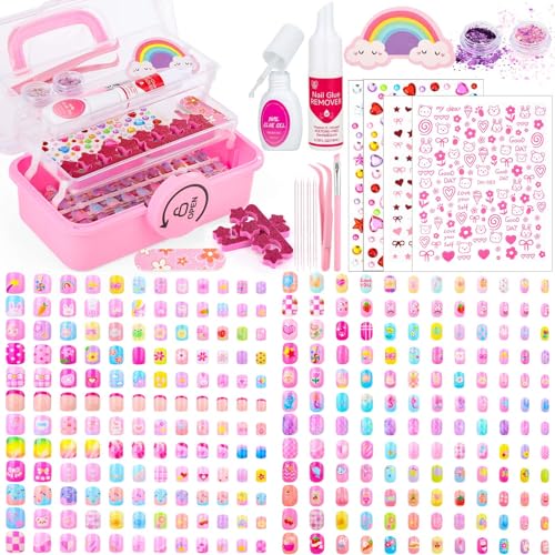 576 Pcs Kids Nails and Glue Girls Press ons Nail Art Kit with Storage Case Fake Nails Adhesive Remover Rainbow Nail File Cute Stuff Girls Gift for Kids Age 8-12