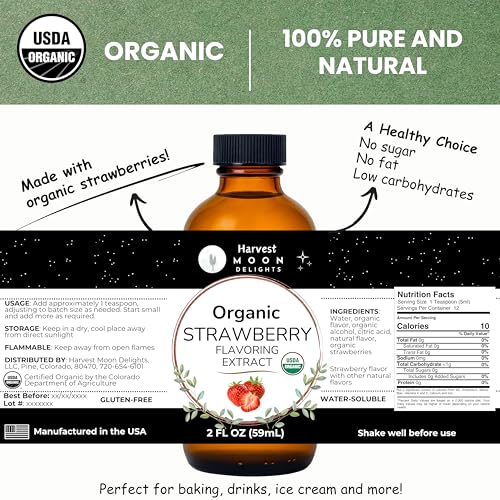Organic Strawberry Flavoring Extract for Baking, Ice Cream, Drinks, and Candy - 2 oz - Water-Soluble - By Harvest Moon Delights - Pure Strawberry Extract and Flavoring