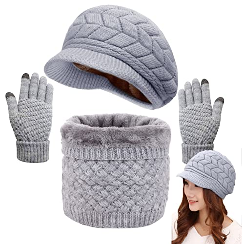 Joligiao Zimní Beanie pletená čepice, sada dámských teplých baret, sada pánských šál, rukavice pletené baseballové čepice, rukavice s dotykovou obrazovkou, sada fleecových šálků, dívčí dárková sada, Šedá, jednotná velikost