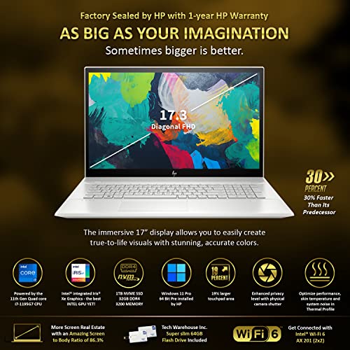 Hp Envy 17T 2022 Laptop, I7-1195G7 11Th Gen, 32Gb Ram, 1 Tb Nvme Ssd, 17.3" Fhd Touch, Thunderbolt 4, Win 11 Pro, Wifi 6, B&O Audio, Usb-A, Intel Xe Graphics, Silver, 64Gb Tech Warehouse Flashdrive #TOP1