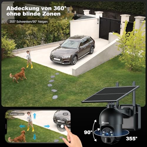 Ctronics 3G/4G LTE &Uuml;berwachungskamera mit SIM Karte, 4G Outdoor Kamera Solar【2,5K HD, PTZ, IP66】 2-Wege-Audio, PIR-Menschenerkennung, 355&deg;/90&deg; Solarkamera kompatibel mit Telefon/Tablet/PC
