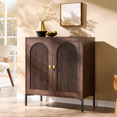 Image of IFGET Modern Buffet Cabinet with Storage, 34 inch Tall Fluted Arched Sideboard Cabinet w /Adjustable Shelves, Wooden Modular Coffee Bar for Dining Room, Kitchen, Living Room, Entryway, Brown