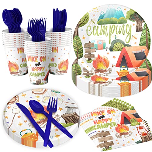 Camping Party Decorations - Campfire Themed Party Plates, Napkins, Cups & Utensils for Kids Birthday, Serves 20 Guests