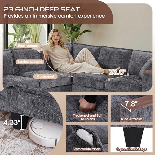 Image of 97 inch L Shaped Couch Corner Sofa, 5 Seater Oversized Cloud Couch with 2 Pillows Modular Sectional Sofa Armrests with Two Hidden Storage Space Sectional Couches for Living Room Gray Textured