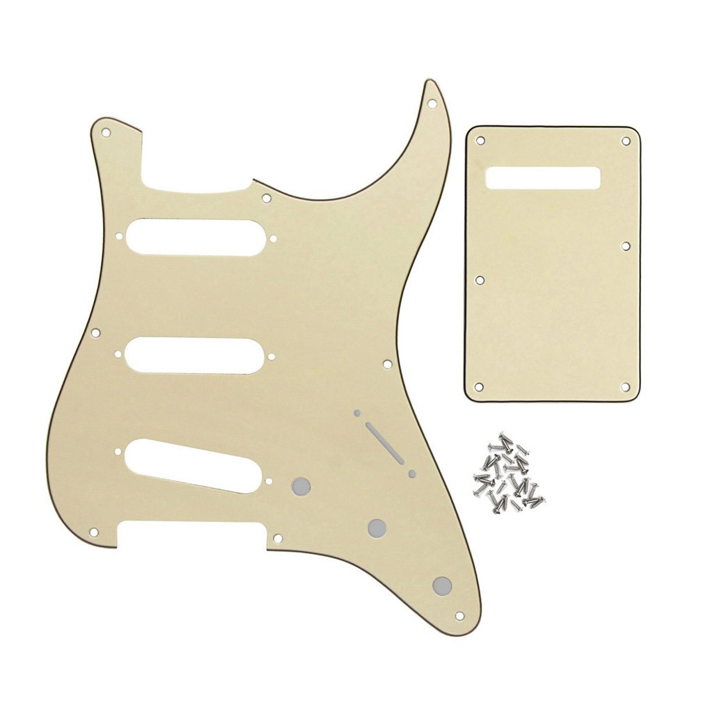 FLEOR Set de 8 trous SSS Pickguard et plaque arrière de guitare avec vis pour remplacement de pièces de guitare Vintage ST Style, crème 3 plis