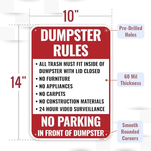 1PC Dumpster Rules Sign, 14 x 10 Inches - Aluminum - Private Dumpster No Trash Signage