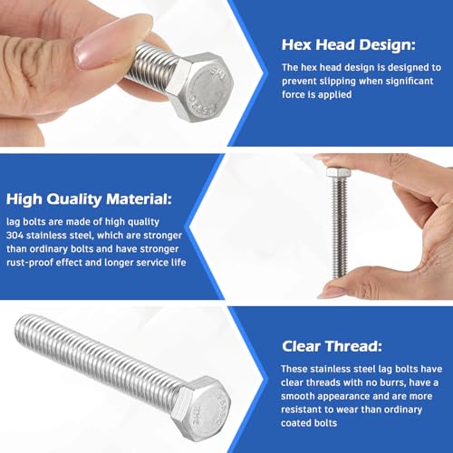 Image of Zonon 50 Pcs 3 /8-16 x 2 Hex Head Screw Bolt 18-8 (304) Stainless Steel Hexagon Bolts, Fully Threaded, Plain Finish, External Hex Drive (Silver)