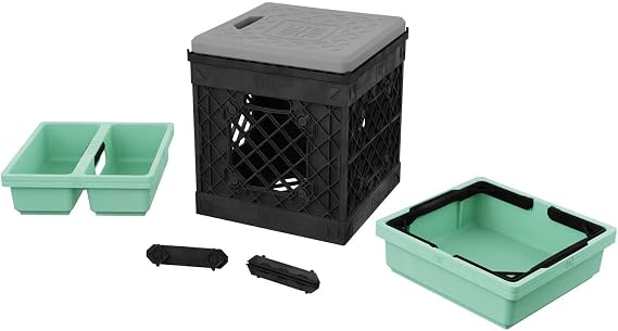 CrateGardner - Modern Black Rectangular Garden Storage Crate with Seat Topper, Cushion, and Two Drop-in Trays (Seafoam)