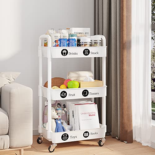 Udear 3-Tier Rolling Utility Cart With 12 Category Labels,Multifunctional Storage Shelves With Handle And Lockable Wheels For Room,Office,Kitchen,Bathroom,White #TOP2