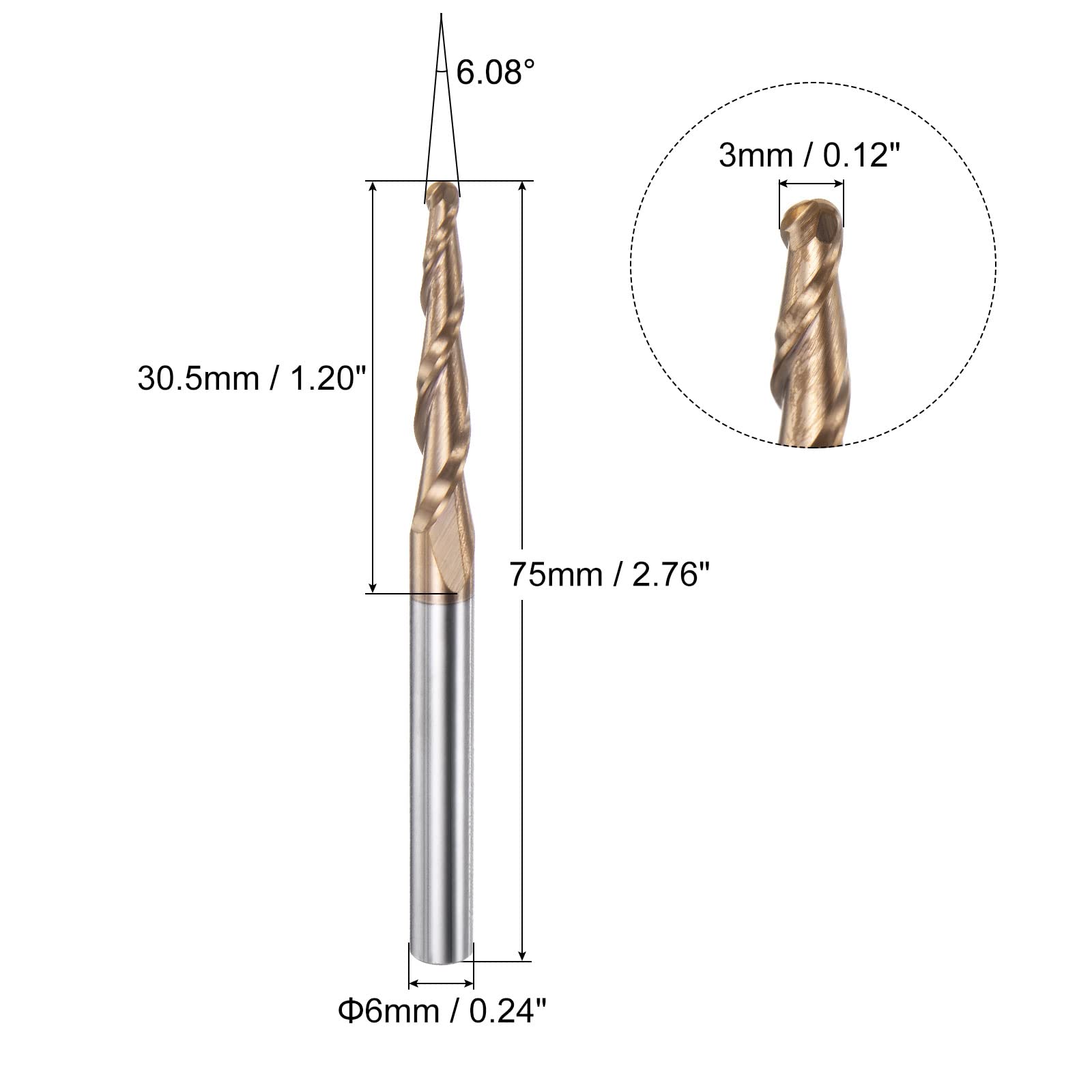 sourcing map Conique Bille Nez Terminal Fraise, TiSiN Revêtu Solide Carbure 2 Cannelure Spirale Fraisage Fraise, 1,5mm Rayon, 3mm Diamètre, 6mm Tige, 75mm Longueur, 6,08 Degré Angle