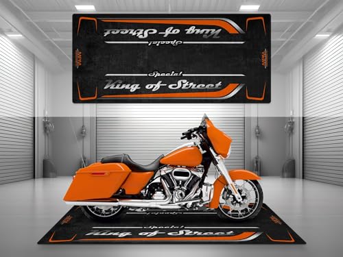 wibeart Garage Mat with Special King of Street for Cruiser and Custom Motorcycle, Motorcycle Mat, Washable Non-Slip Showroom Floor Carpet(Baja Orange, Size 2: 102 x 47/260 x 120 cm)