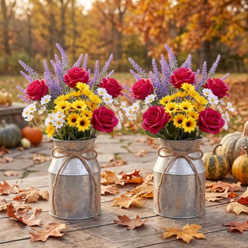 26 Pcs Fall Artificial Flower Arrangement with 2 Metal Milk Can Vases by Rivvlive - Used condition - US$20.22