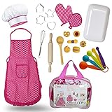 Next Milestones Chef Baking Cooking Costume for Kids 19pc Include Apron Chef Hat Oven Mitt Hand Mixer Cookie Cutters Measuring Spoons Wooden Rolling Pin Wooden Ladle Mixer and Bag for Toy Storage