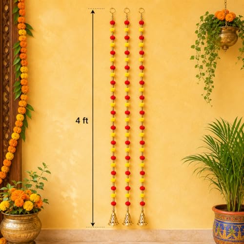 Image of Bindian Pom Pom Beads & Golden Bell Hanging Pack of 10 for Home Decor, Door Hanging Decorative Items, Wall Hanging Decoration for Living Room, Pooja Room Decoration Items, Diwali Decor