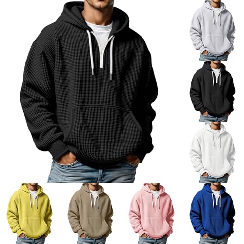 TniEWFBHSD Herren Hoodie mit Waffelmuster lässiges einfarbiges langärmliges Kapuzen-Sweatshirt mit Waffelmuster und Reißverschluss Halbem Reißverschluss Einfarbig Trendy Sweater (a1-Grey, 3XL)