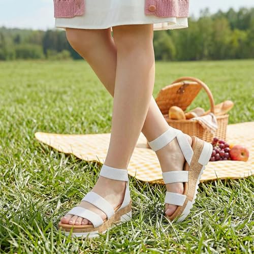 Image of Athlefit Women's Platform Wedge Sandals Summer Open Toe Elastic Ankle Strap Casual Flatform Sandals