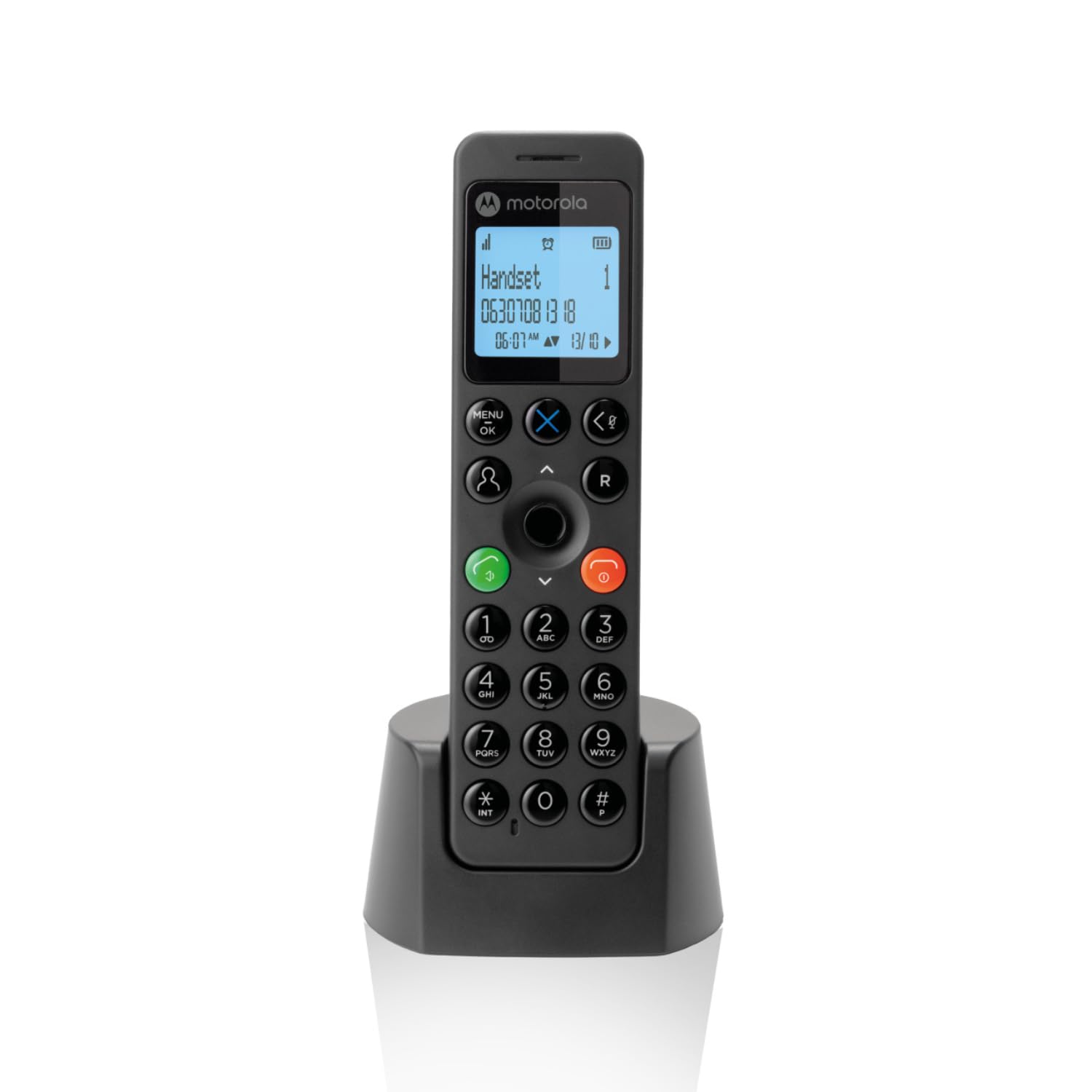 Motorola Voice - DOT201 Teléfono Inalámbrico Digital, Altavoz Manos Libres, Bloqueo de Llamadas, 100 Contactos con Nombre y Directorio Telefónico, Color Negro