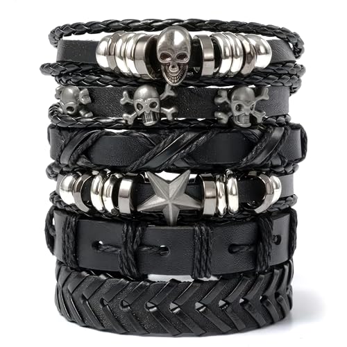 Emo Bracelets - 6 Pcs Black Skull Grunge Bracelets Made of Leather for Men & Women - Punk Goth Grunge Accessories, Adjustable Size 7