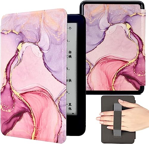 KEROM Case for 6.8" Kindle Paperwhite (11th Generation, 2021) and Kindle Paperwhite Signature Edition, Slim Lightweight Premium PU Leather Cover Case with Hand Strap & Auto Wake/Sleep, Pink Marble