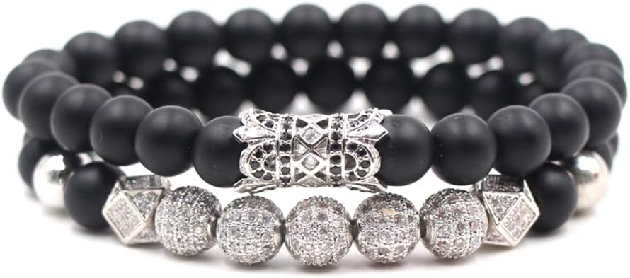 SEVENSTONE 2PCS Black Matte Onyx Prayer Beads Bracelet for Men Women Elastic Natural Stone