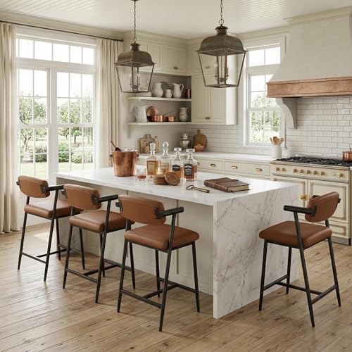 Image of GarveeHome Counter Height Bar Stools Set of 8 with Armrests, 26 inch Upholstered 8pcs Tall Bar Stools Set, Long Backrest & Extra Thick Cushion, Modern High Barstools for Kitchen Island, Pub, Coffee Brown