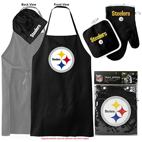 Pittsburgh Steelers (Apron & Oven Mitt Pot Holder) Bonus Bottle Opener, Barbeque Apron and Chef's Hat , NFL Licensed